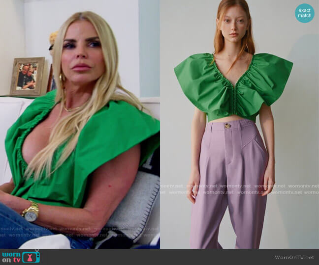 Zara Green Ruffle Poplin Top worn by Alexia Echevarria (Alexia Echevarria) on The Real Housewives of Miami