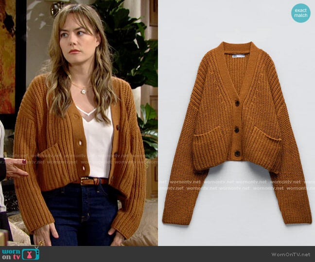 Zara Pocket Knit Cardigan worn by Hope Logan (Annika Noelle) on The Bold and the Beautiful