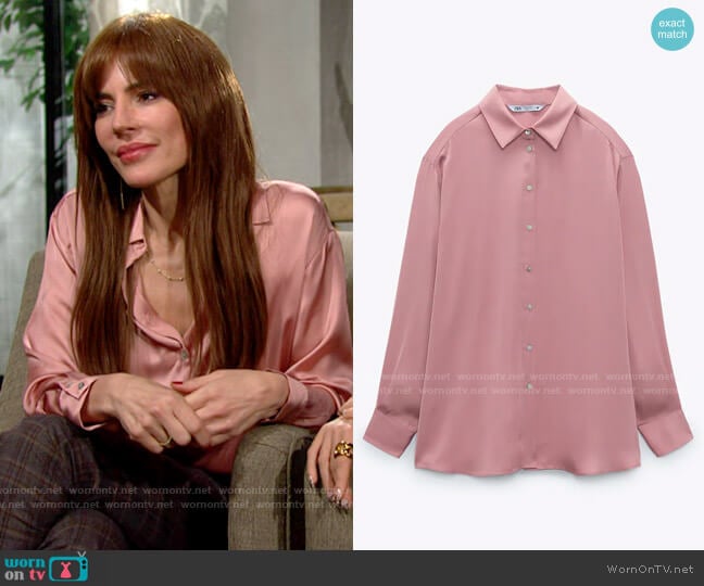 Zara Satin Effect Shirt in Marsala worn by Taylor Hayes (Krista Allen) on The Bold and the Beautiful