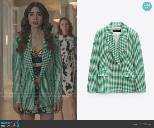 Zara Tailored Houndstooth Blazer worn by Emily Cooper (Lily Collins) on Emily in Paris