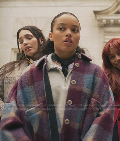Zoya’s purple plaid fleece shirt jacket on Gossip Girl