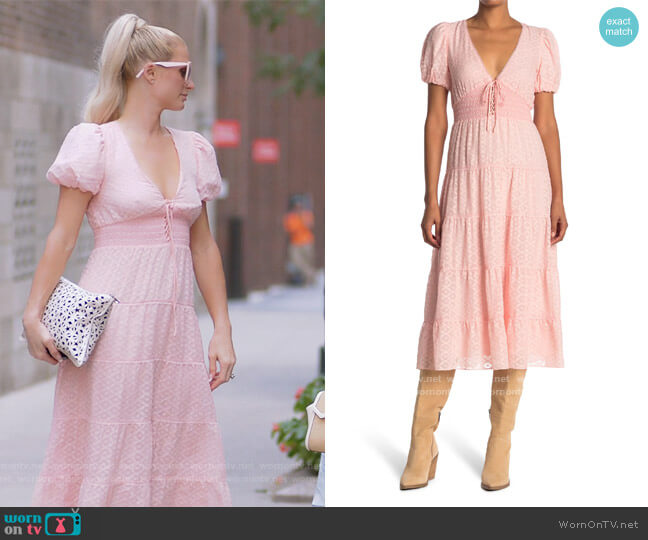 Alice + Olivia Tia Puff Sleeve Midi Dress worn by Paris Hilton on Paris in Love