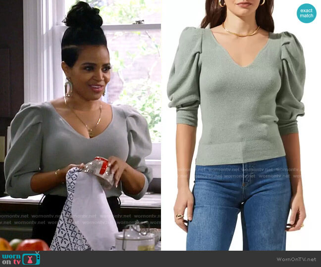 ASTR Puff Sleeve V-Neck Sweater in Sage worn by Randi (Kyla Pratt) on Call Me Kat