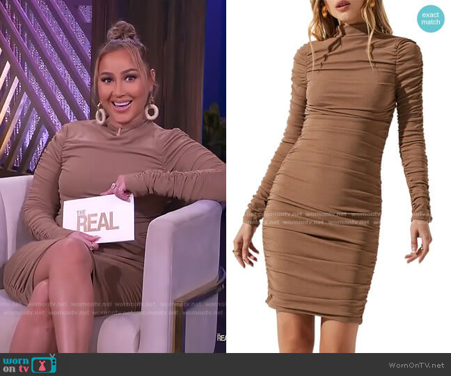 ASTR The Label Ruched Long Sleeve Dress in Tan worn by Adrienne Houghton on The Real