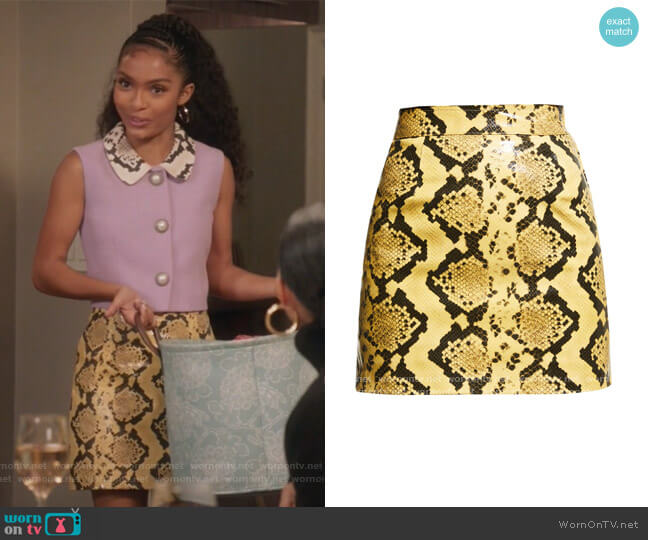 Alessandra Rich Python-Print Leather Mini Skirt worn by Zoey Johnson (Yara Shahidi) on Black-ish