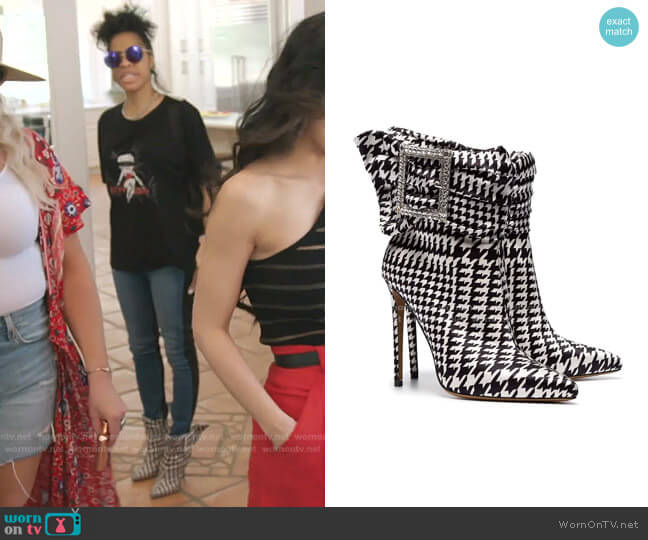 Alexandre Vauthier Yasmin 100 Houndstooth Print Buckle Embellished Ankle Boots worn by Mary Cosby on The Real Housewives of Salt Lake City