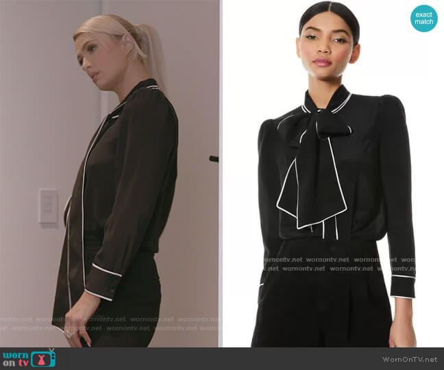 Alice + Olivia Jeannie Bow Collar Button Down Blouse worn by Paris Hilton on Paris in Love