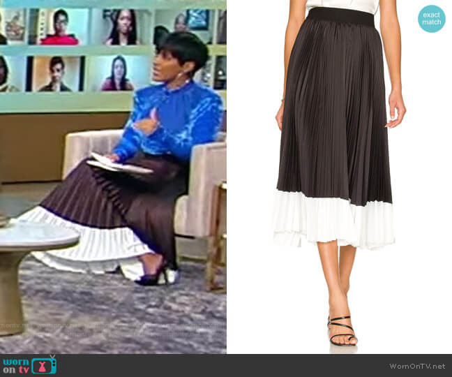 Alice + Olivia Katz two-tone pleated satin midi skirt worn by Tamron Hall on Tamron Hall Show
