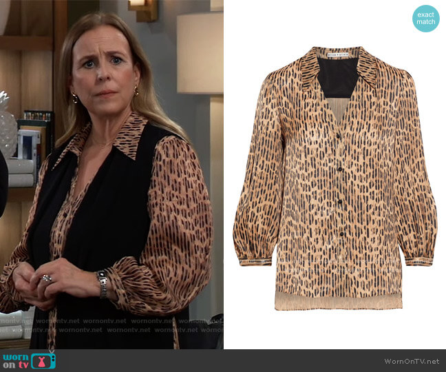 Vince Camuto Floral-print Smocked-neck Blouse worn by Laura Collins (Genie Francis) on General Hospital