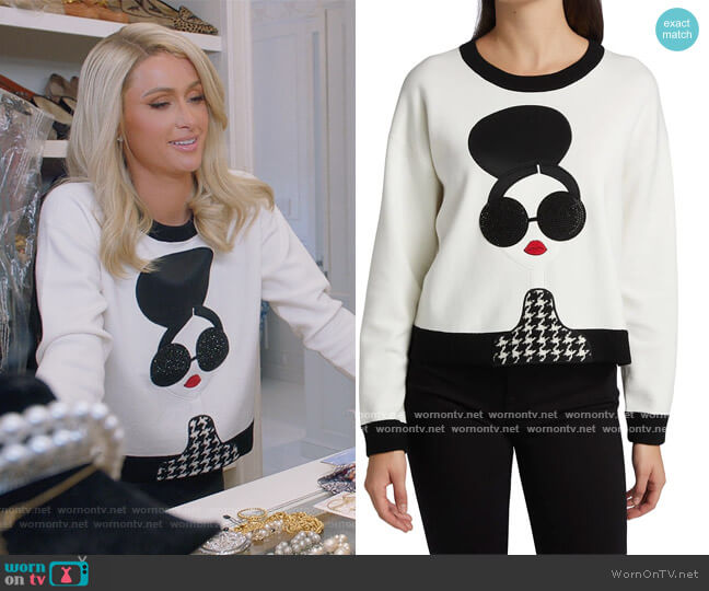 Alice + Olivia Gleeson merino wool appliqué pullover worn by Nicky Hilton Rothschild on Paris in Love