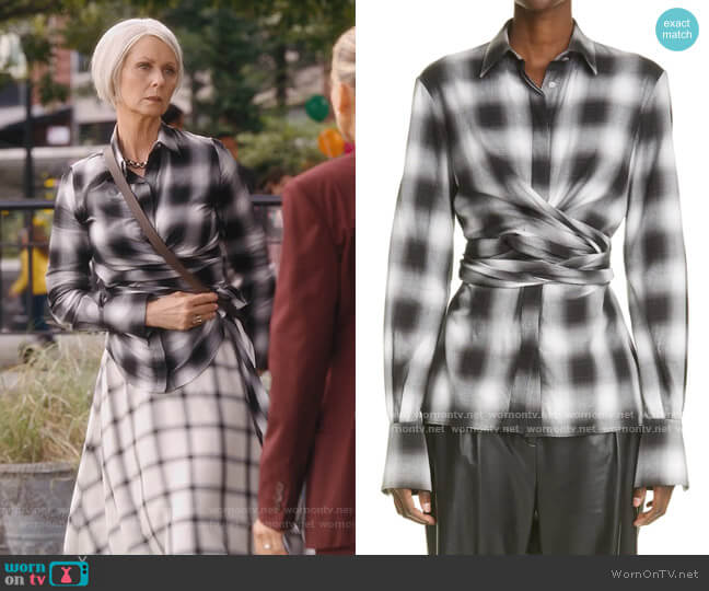 Altuzarra McKenna Plaid Wrap Top worn by Miranda Hobbs (Cynthia Nixon) on And Just Like That