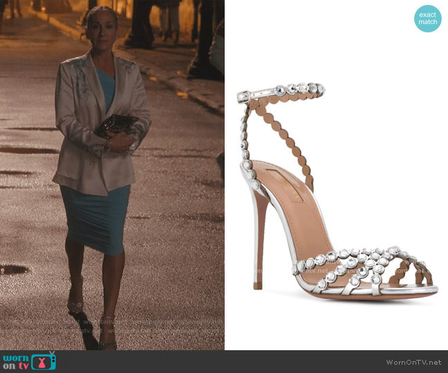 Aquazzura Tequila Crystal Ankle-Strap Cocktail Sandals worn by Carrie Bradshaw (Sarah Jessica Parker) on And Just Like That
