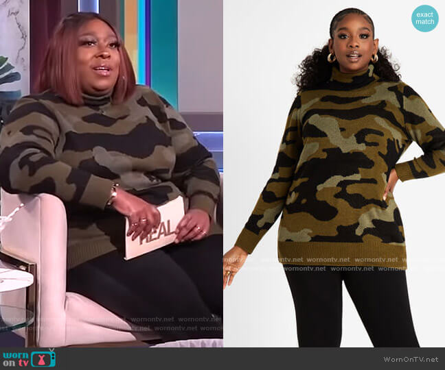 Ashley Stewart Camo Mock Neck Tunic Sweater worn by Loni Love on The Real