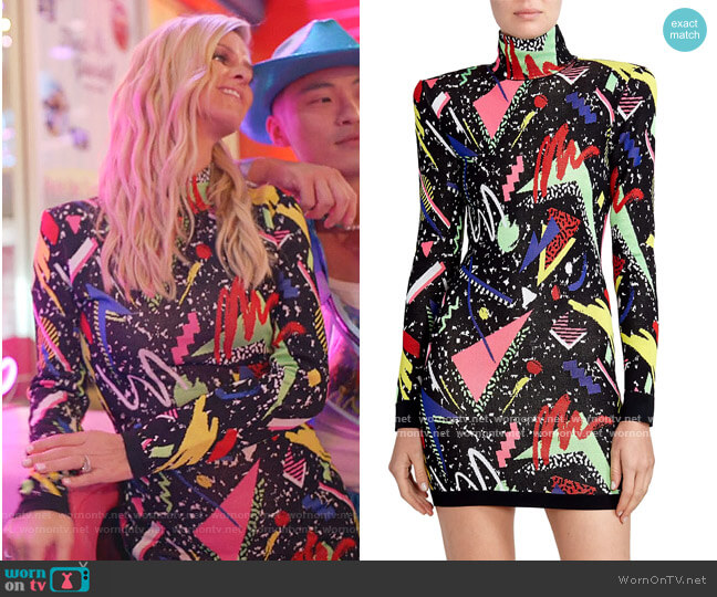 Balmain Highneck 80s Jacquard Mini Dress worn by Nicky Hilton Rothschild on Paris in Love