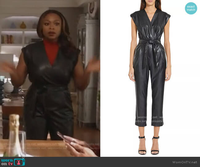 BCBGMAXAZRIA Faux Leather Belted Jumpsuit worn by Jill (Naturi Naughton) on Queens
