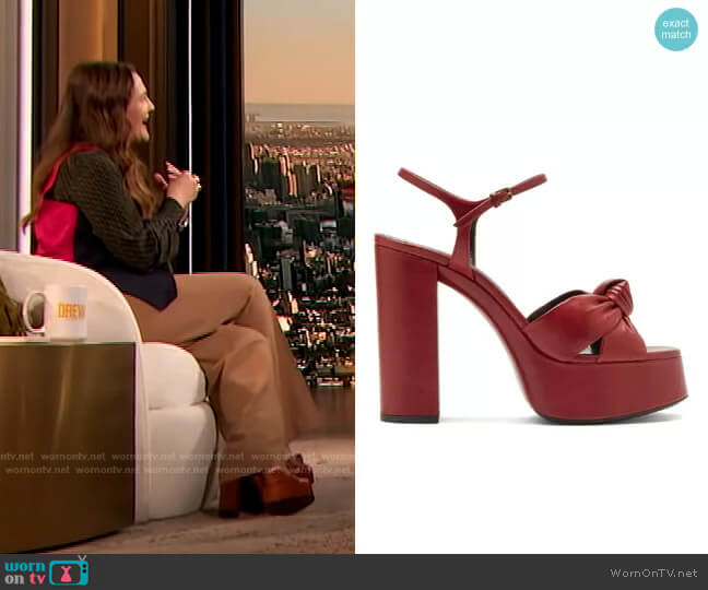 Saint Laurent Bianca knotted leather platform sandals worn by Drew Barrymore on The Drew Barrymore Show