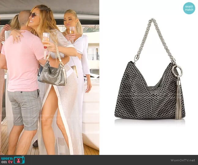 Jimmy Choo Callie Diamond Motif Crystal Hotfix Clutch worn by Chrishell Stause on Selling Sunset