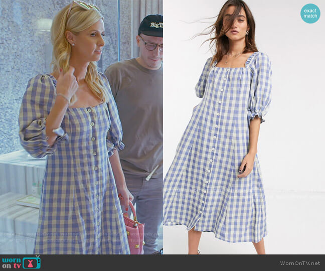 ASOS Capulet Haddie Check Square Neck Midi Dress in neptune gingham worn by Nicky Hilton Rothschild on Paris in Love