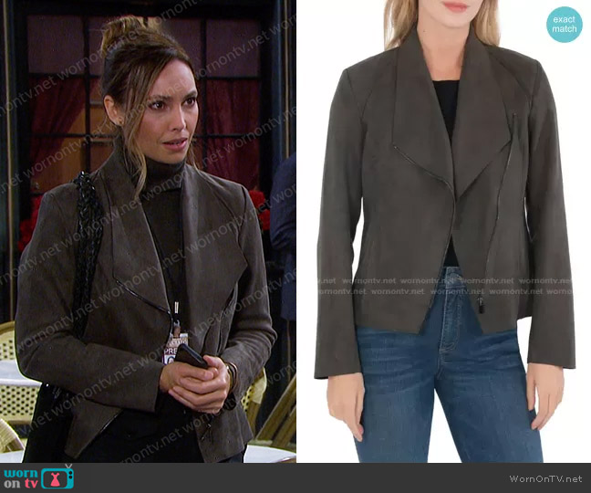 Kut from the Kloth Carina Faux Suede Drape Moto Jacket worn by Gwen Rizczech (Emily O'Brien) on Days of our Lives