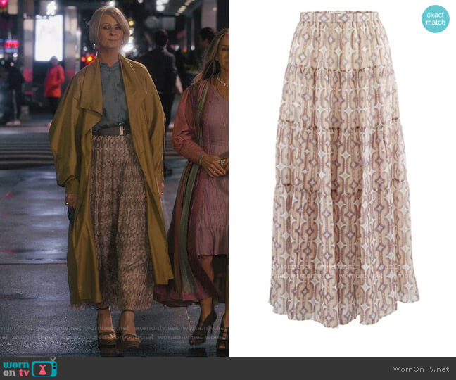 Celine Long Skirt with Silk Frills with Spangled Stripes worn by Miranda Hobbs (Cynthia Nixon) on And Just Like That