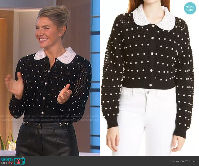 Alice + Olivia Collins Imitation Pearl Crochet Wool Cardigan worn by Amanda Kloots on The Talk