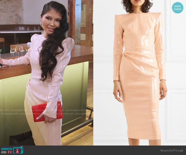 Alex Perry Corbet Gathered Sequined Crepe Midi Dress worn by Jennie Nguyen on The Real Housewives of Salt Lake City
