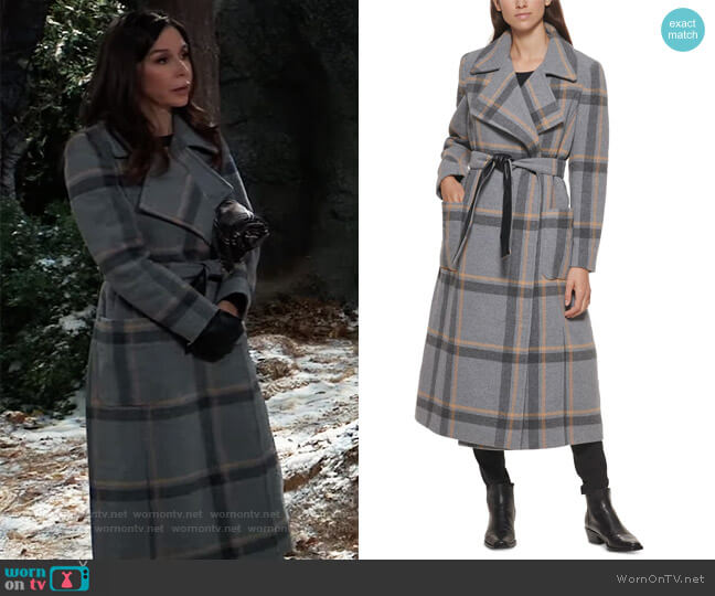 DKNY Plaid Maxi Wrap Coat worn by Anna Devane (Finola Hughes) on General Hospital