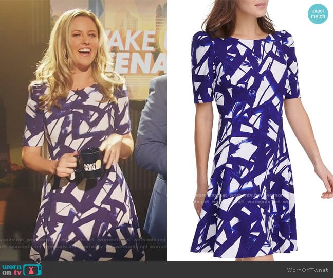 DKNY Puff Sleeve Fit-&-Flare Printed Dress worn by Tami (Taylor Louderman) on Kenan