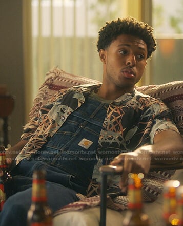 Doug’s bird print shirt and denim overalls on Grown-ish