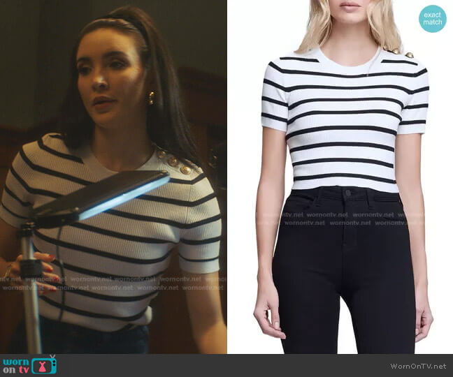 L'Agence Delphine Stripe Short Sleeve Sweater worn by Bess (Maddison Jaizani) on Nancy Drew