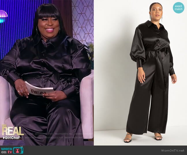 Eloquii Satin Wide Leg Button Front Jumpsuit worn by Loni Love on The Real