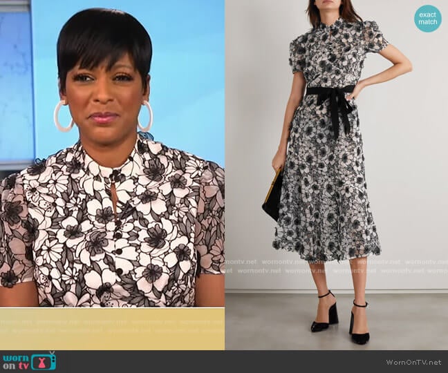 Erdem Lauren Belted Floral-Applique Organza Midi Dress worn by Tamron Hall on Tamron Hall Show
