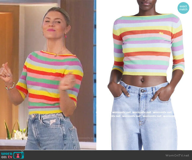 Etro Stripe Boat-Neck Cropped Cashmere Top worn by Amanda Kloots on The Talk