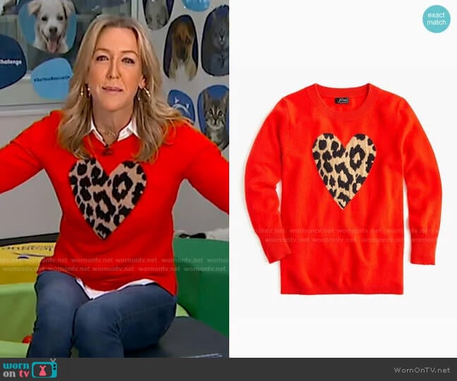 J. Crew Everyday cashmere crewneck sweater with leopard heart worn by Lara Spencer on Good Morning America