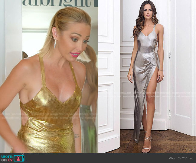 Fannie Schiavoni Izabel Gown in Gold worn by Mary Fitzgerald on Selling Sunset