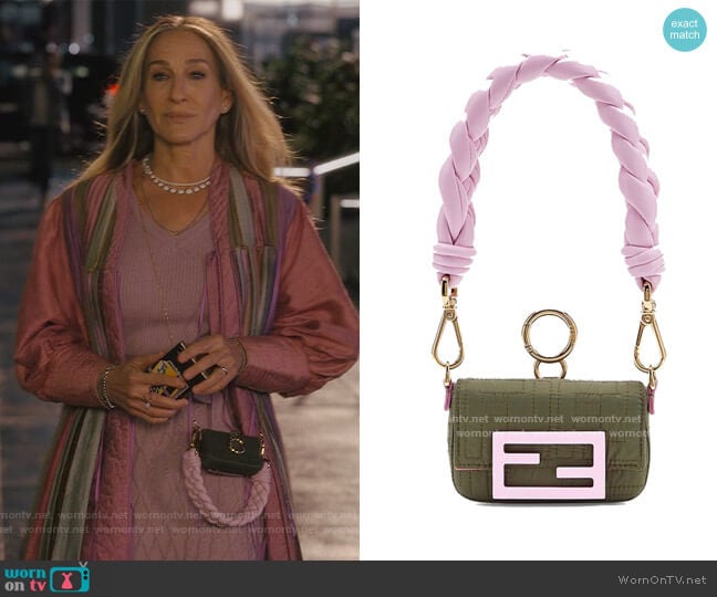 Fendi Nano Baguette Charm Pouch worn by Carrie Bradshaw (Sarah Jessica Parker) on And Just Like That