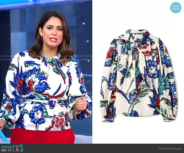 Tory Burch Floral Print Tie Neck Silk Blouse worn by Cecilia Vega on Good Morning America
