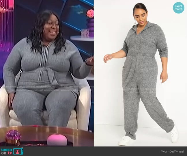 Eloquii Fuzzy Sweater Jumpsuit in Heather Gray worn by Loni Love on E! News