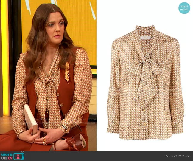 Tory Burch Geometric-print silk shirt worn by Drew Barrymore on The Drew Barrymore Show