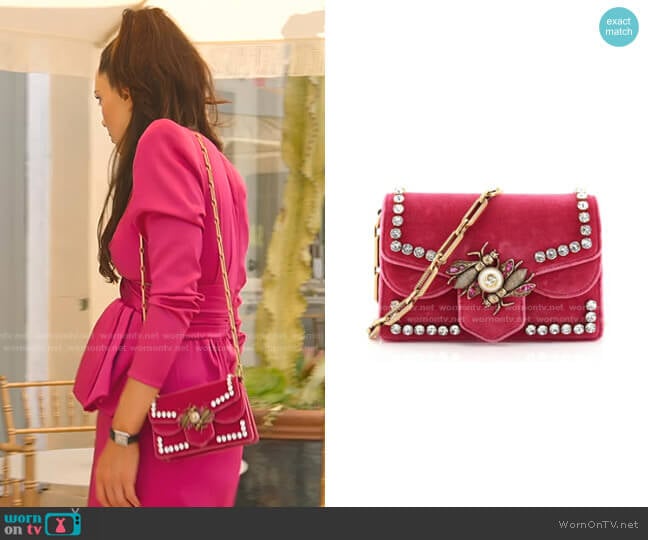 Gucci Broadway Embellished Velvet Chain Shoulder Bag In Raspberry worn by Davina Potratz on Selling Sunset