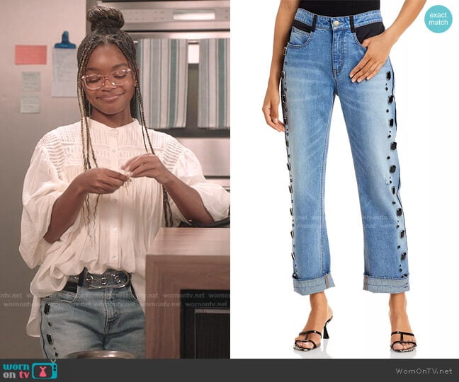 Hellessy Tucker Embellished Boyfriend Jeans in Medium Wash worn by Diane Johnson (Marsai Martin) on Black-ish
