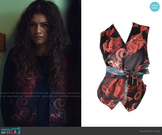 Jean Paul Gaultier Vintage Multi- Print Kimono Wrap Vest worn by Rue Bennett (Zendaya) on Euphoria