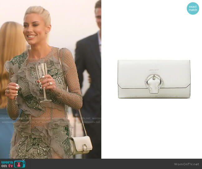 Jimmy Choo Wallet crystal-buckle clutch bag worn by Heather Rae Young on Selling Sunset
