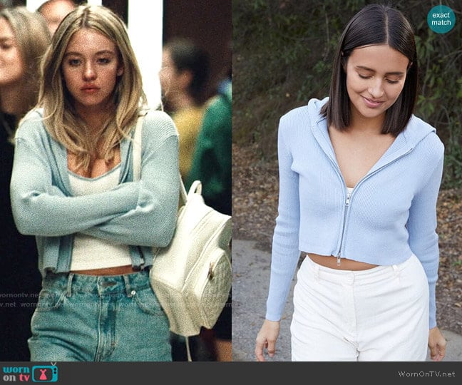 John Galt White & Blue Skylar Tank Top worn by Cassie Howard (Sydney Sweeney) on Euphoria