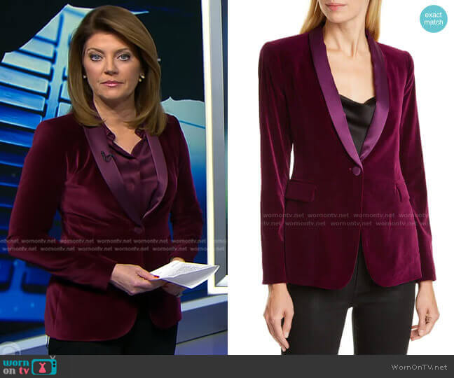 Alice + Olivia Macey Velvet Shawl Collar Jacket worn by Norah O'Donnell on CBS Evening News