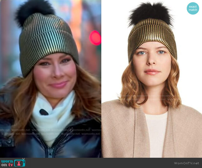 Jocelyn Metallic Fur-pompom Beanie Hat worn by Rebecca Jarvis on Good Morning America