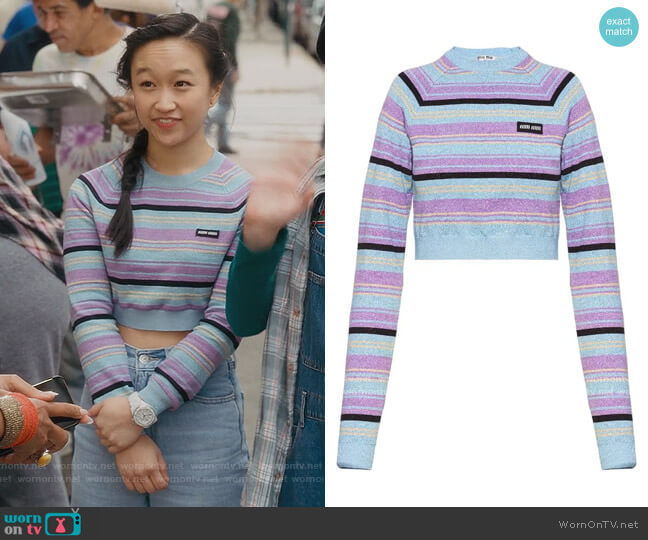 Miu Miu Striped Cropped Jumper worn by Lily Goldenblatt (Cathy Ang) on And Just Like That