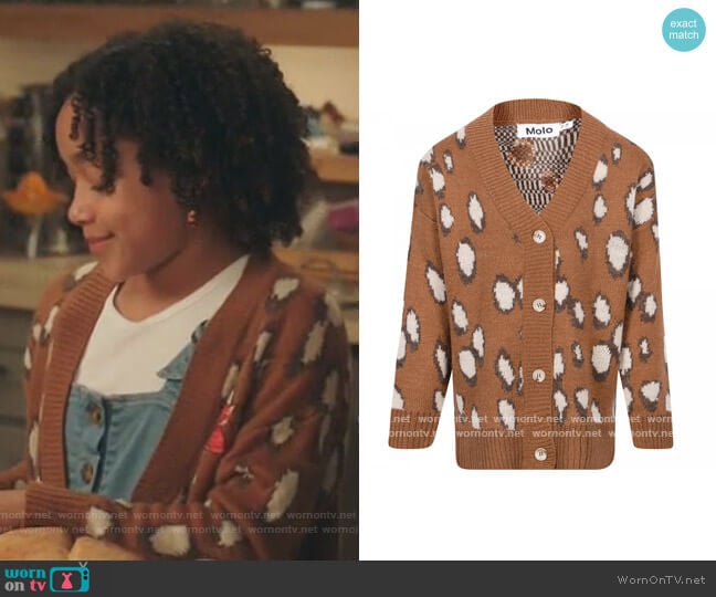 Molo Deer Graphic Print Buttoned Knit Cardigan in Brown worn by Bridget Williams (Dannah Lane) on Kenan