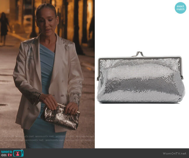 Paco Rabanne Pixel 1969 clutch bag worn by Carrie Bradshaw (Sarah Jessica Parker) on And Just Like That