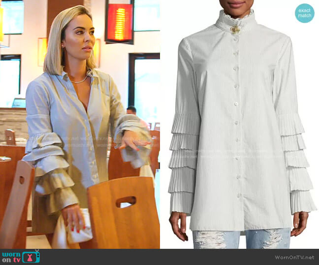 Jonathan Simkhai Pleated Long-Sleeve Button-Front Poplin Blouse worn by Nicole Martin (Nicole Martin) on The Real Housewives of Miami